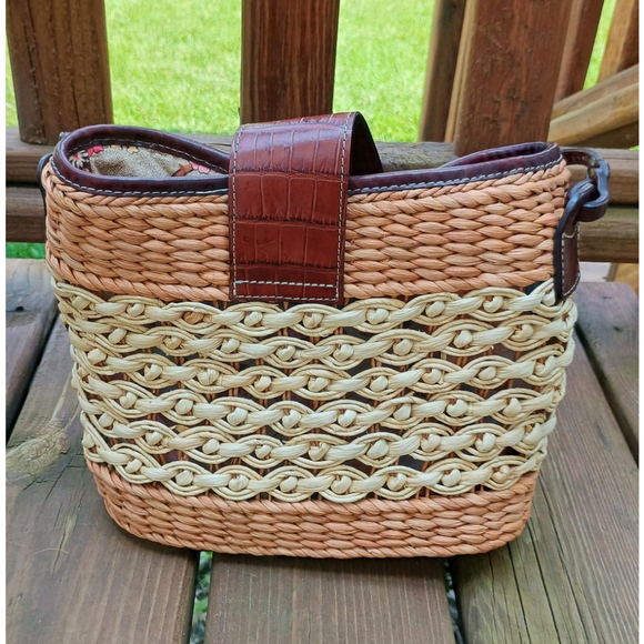 Vintage 90s Brighton Woven Wicker Straw Purse Shoulder Bag Brown Leather Strap - Picture 4 of 11